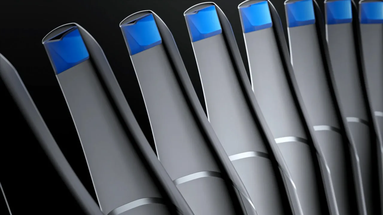 Row of Arcscan scanner tips with blue accents, 3D render