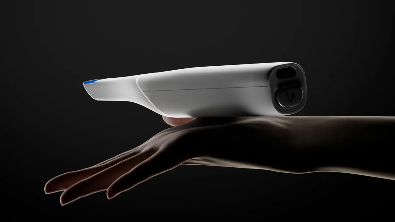 Hand holding the Arcreal Arcscan intraoral scanner, 3D render