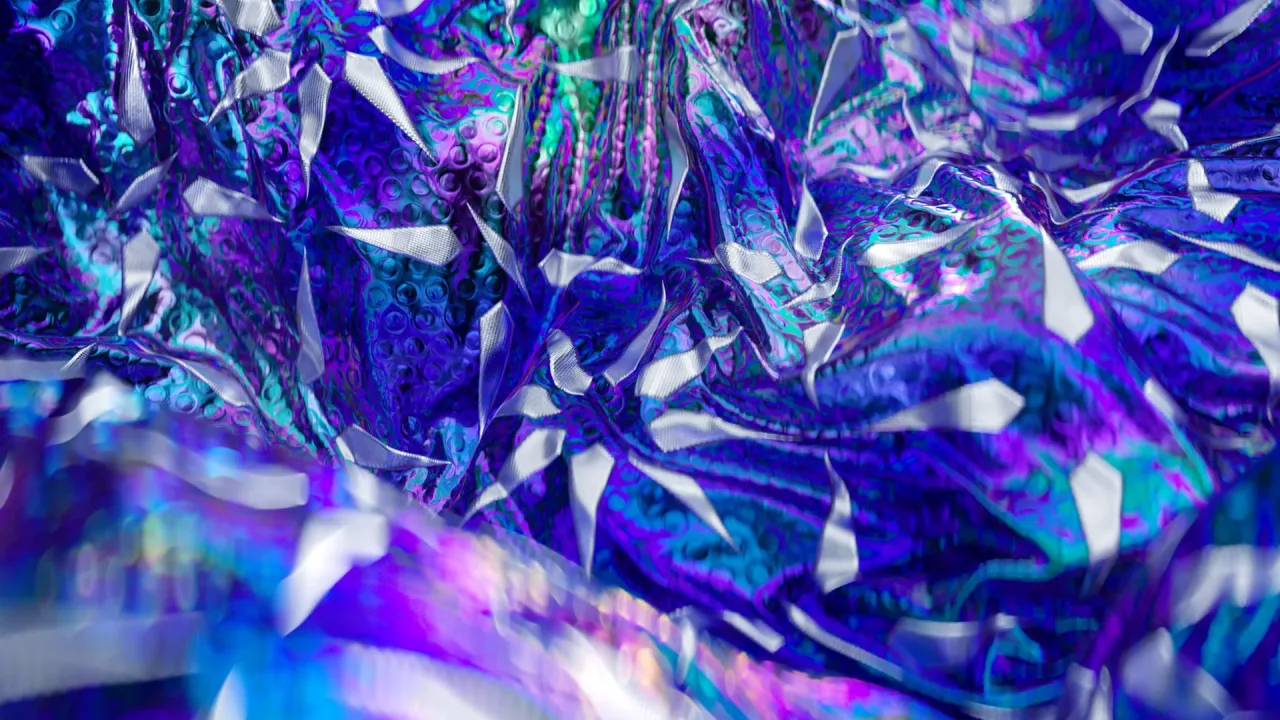 Blue holographic crumpled fabric with silver ribbons, Augmented digital fashion render