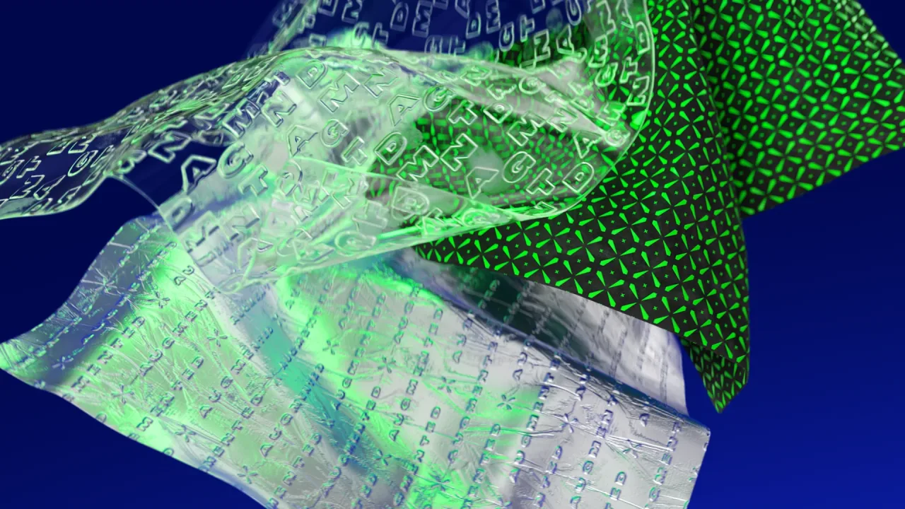 Green mesh and translucent fabric layers on blue, Augmented digital fashion render