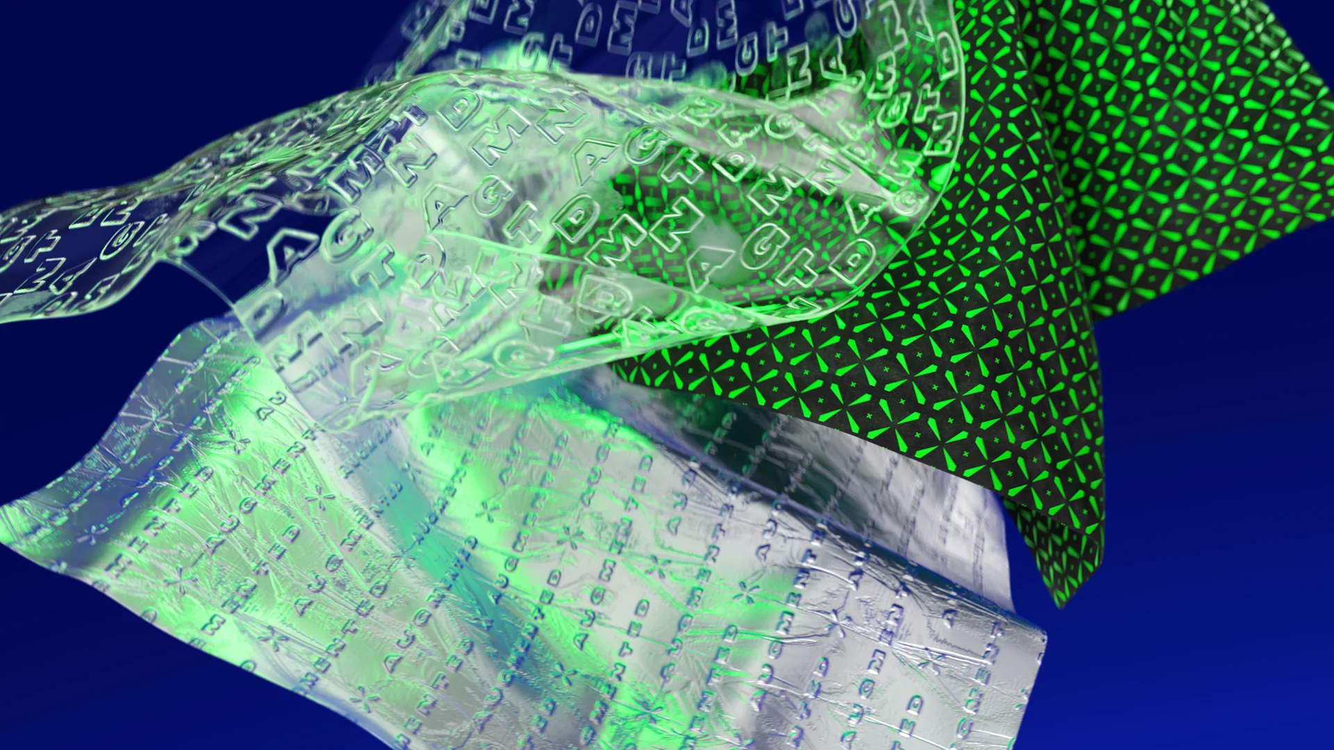 Green mesh and translucent fabric layers on blue, Augmented digital fashion render