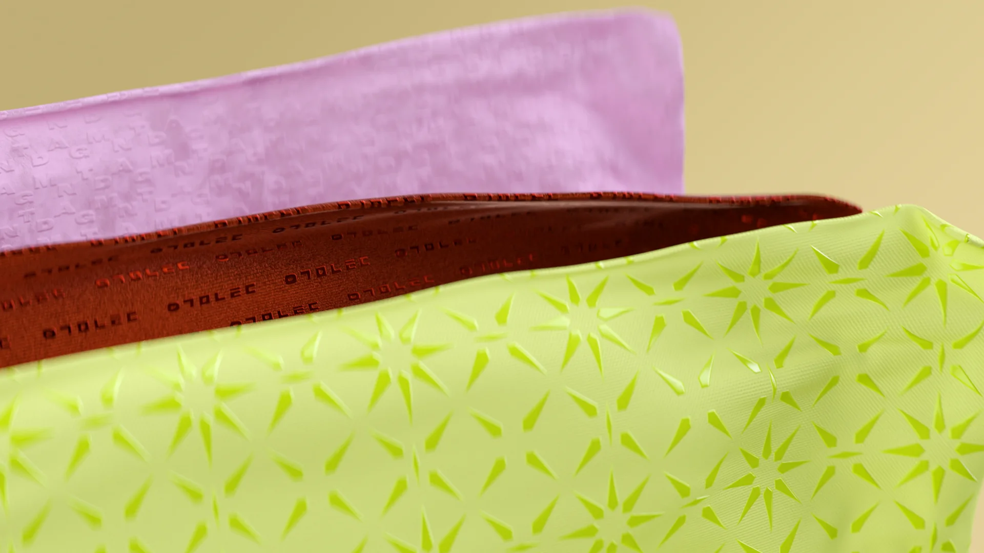 Pink velvet and lime patterned pouch, Augmented product 3D render