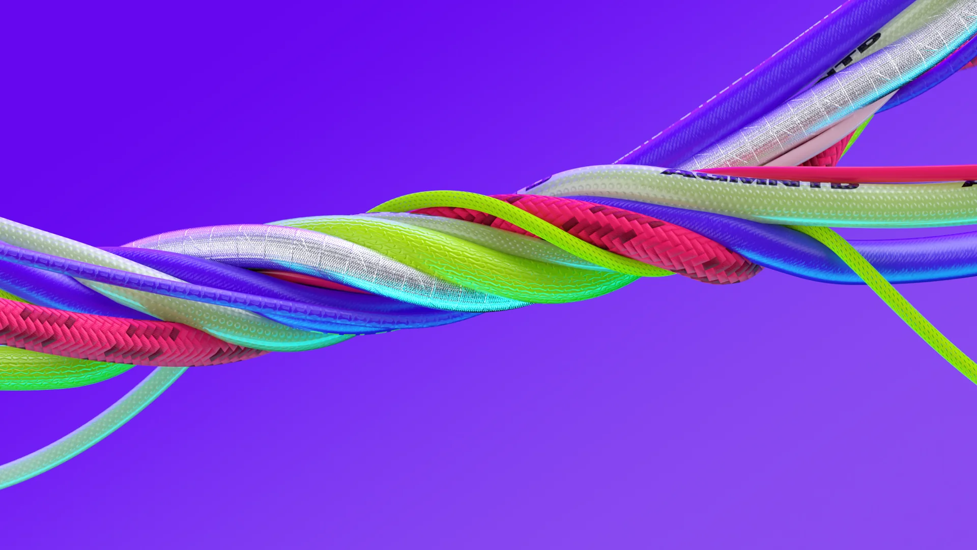 Twisted AGMNTD ribbons in purple, lime and red, 3D motion design still