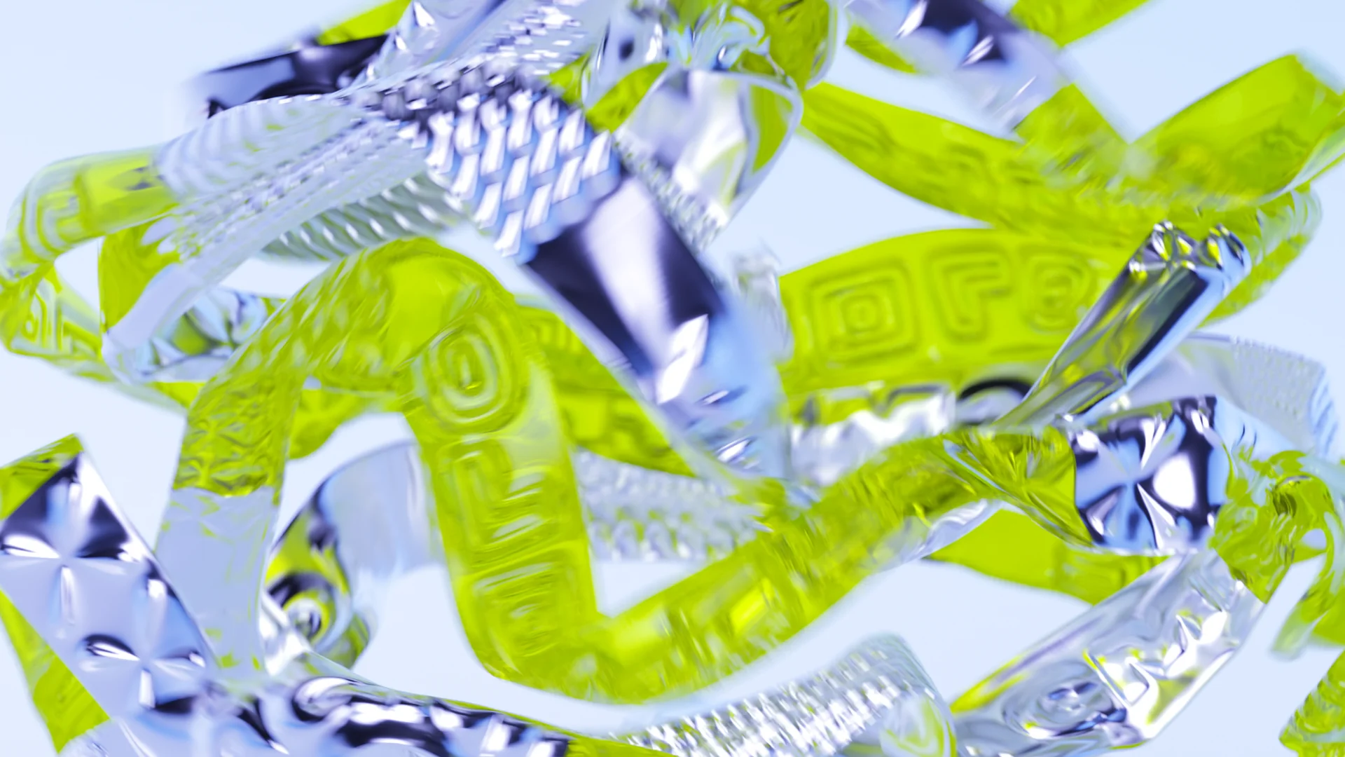Silver and lime metallic shards with AGMNTD lettering, 3D render