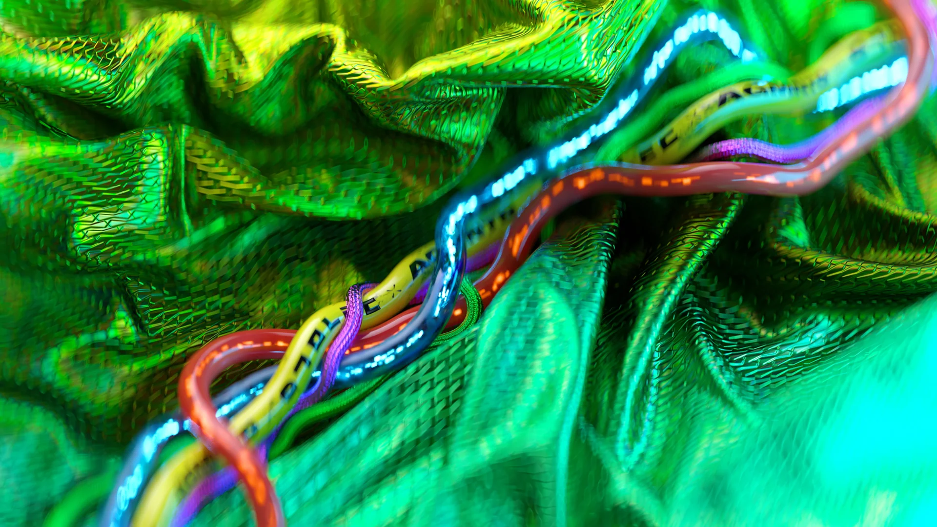 Green iridescent fabric with colourful braided cords, cloth simulation
