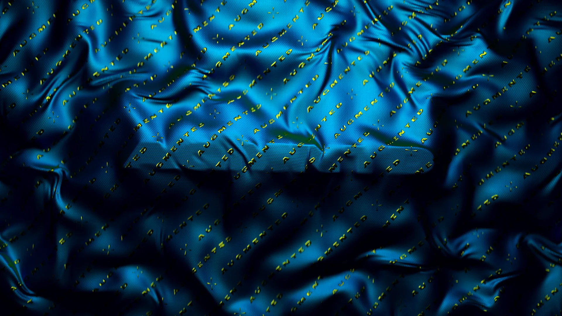 Blue crumpled satin fabric with woven AGMNTD pattern, 3D cloth