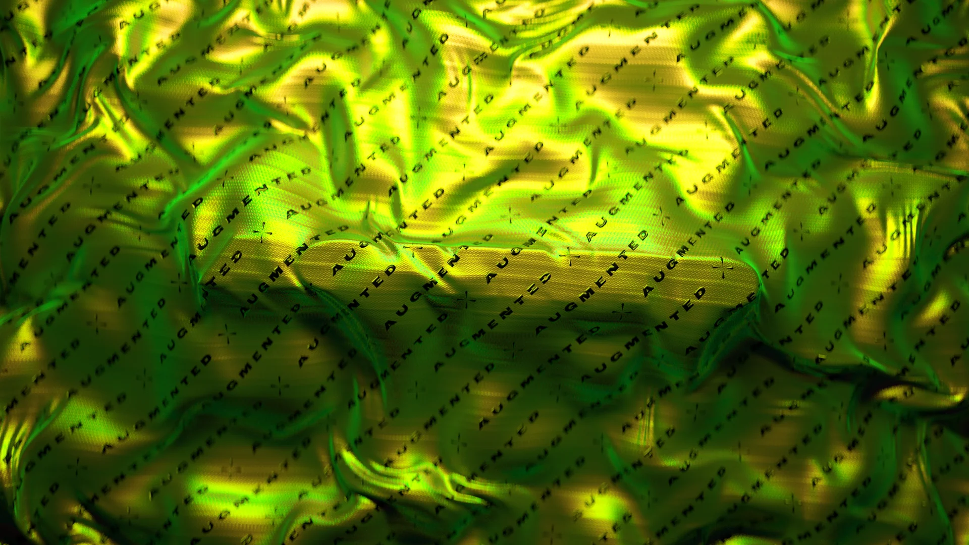 Yellow-green wrinkled fabric with AGMNTD print, cloth simulation