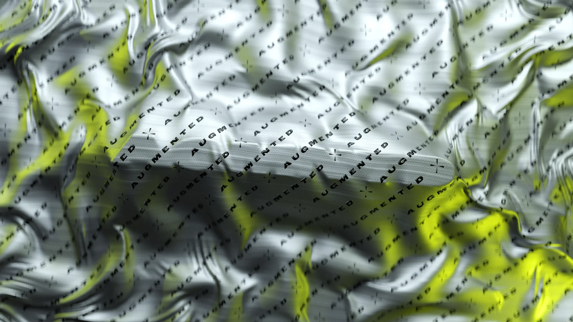 White wrinkled fabric with lime AGMNTD print, digital textile