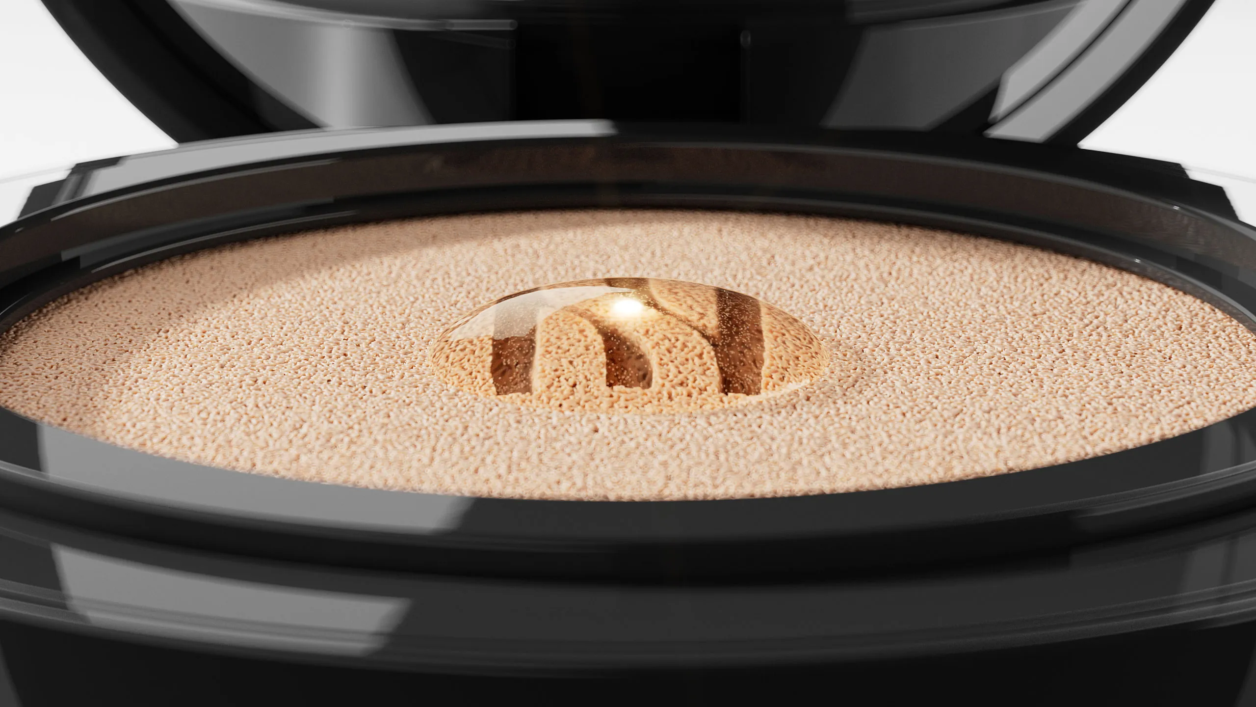 Hera Black Cushion compact open showing powder and applicator, 3D render