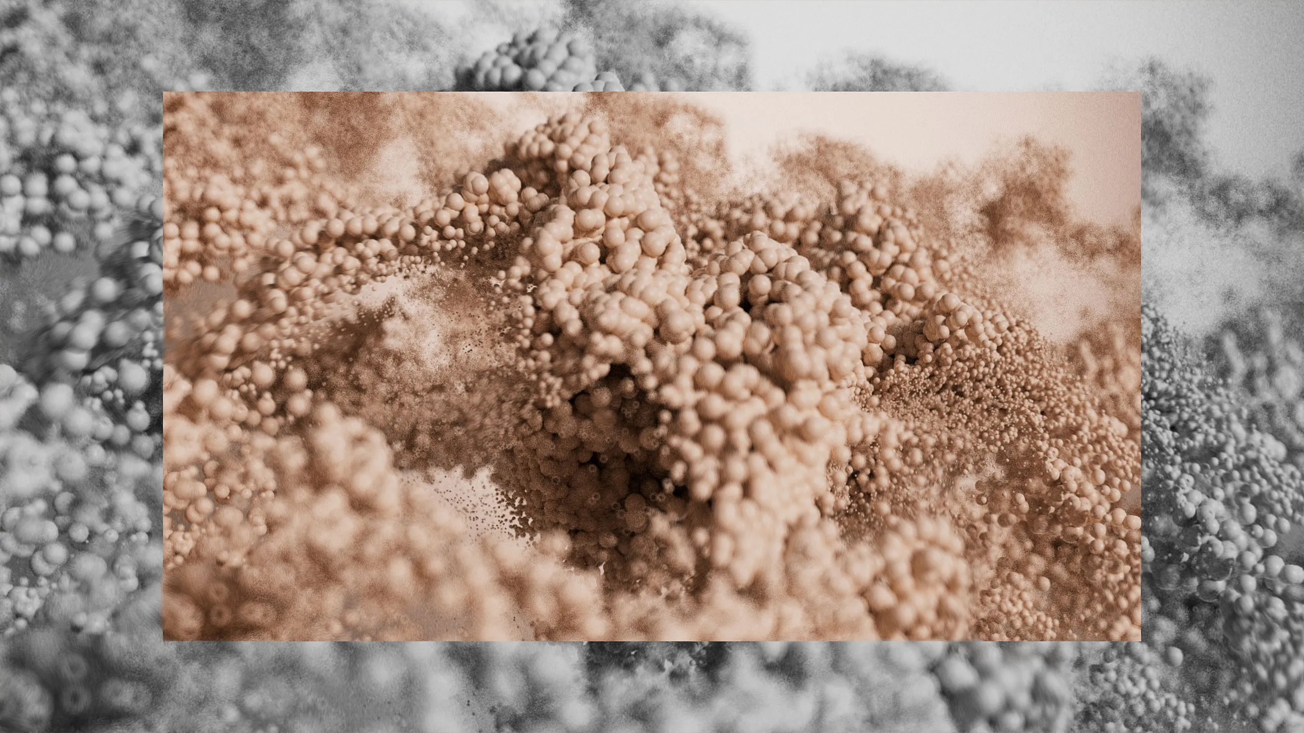 Powder particles in monochrome with bronze accent, simulation still