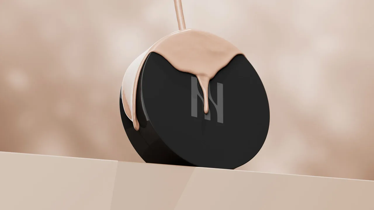 Hera Black Cushion compact with cream pouring over it, product CGI