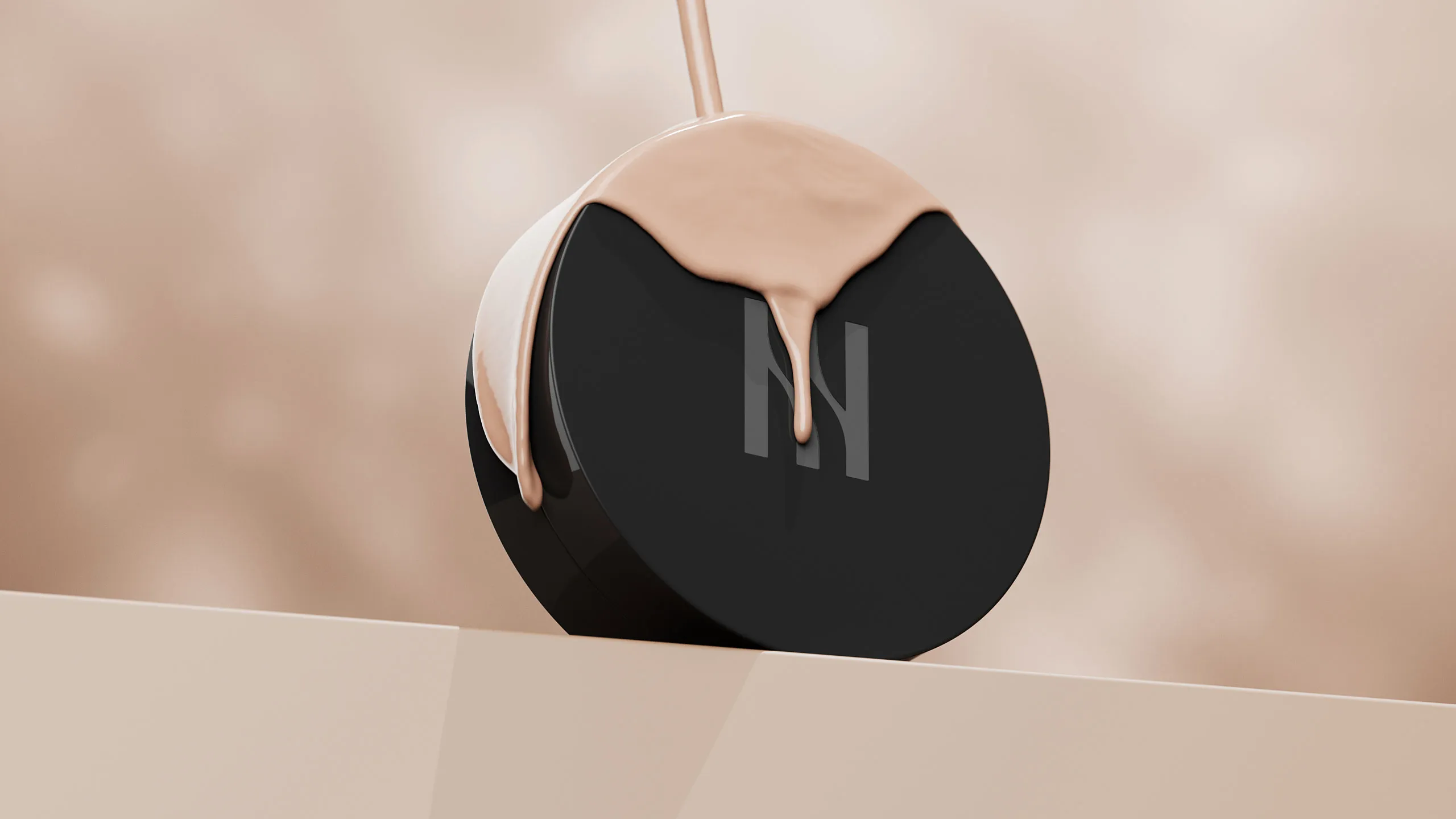 Hera Black Cushion compact with cream pouring over it, product CGI