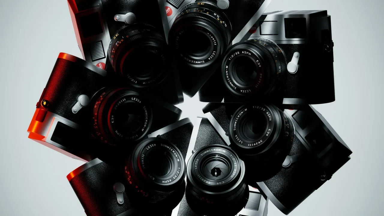 Leica M9 cameras arranged in a radial burst, black and white styleframe