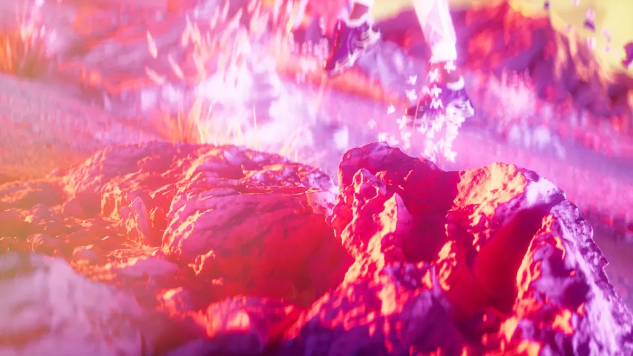 Purple rocks and glowing flowers under a yellow sky, dreamlike CGI landscape