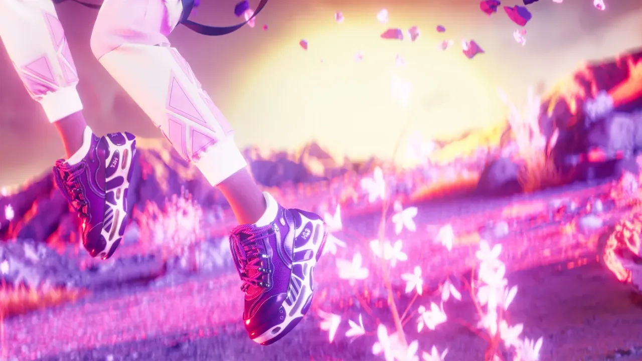 White sneakers with pink petals swirling, Madsun High Like This 3D render