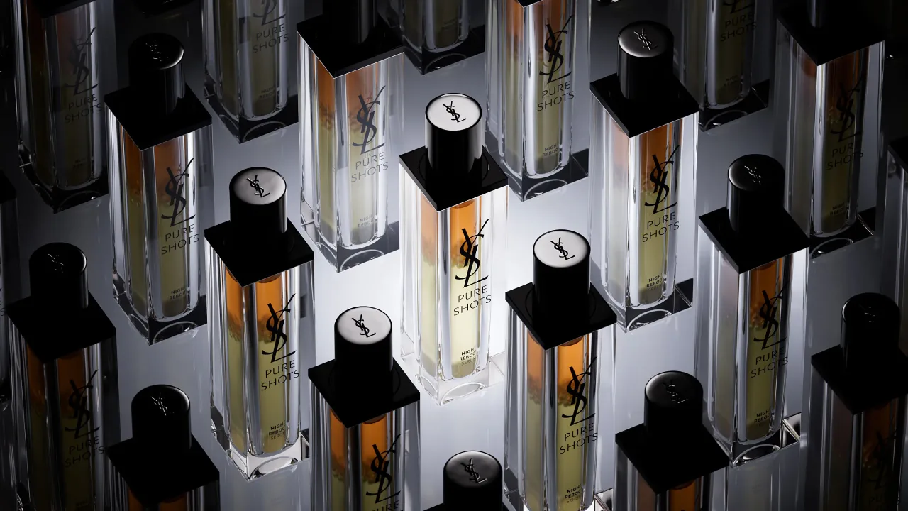 Grid of YSL Pure Shots serum bottles, 3D product render
