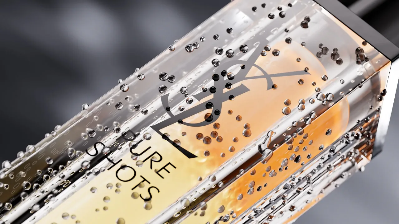 YSL Pure Shots bottle tilted with water droplets, macro CGI