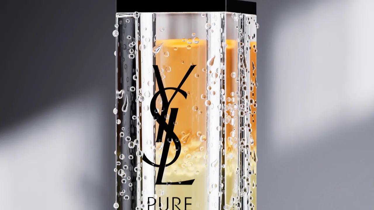 YSL Pure Shots serum bottle with water drops and caustic light, 3D render