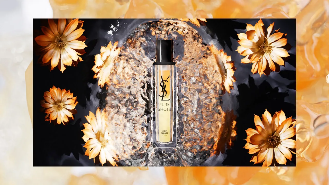 YSL Pure Shots bottle framed by orange cactus flowers, 3D still