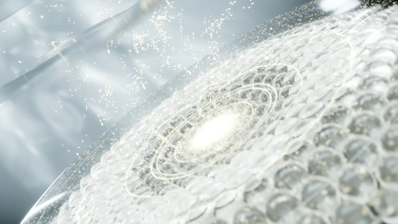 Glowing particle sphere with water ripples, Curejet 3D render