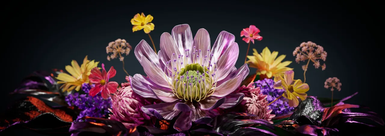 Pink and yellow flower artwork, photorealistic 3D render