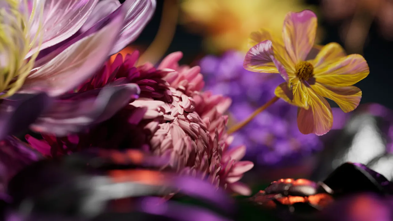Pink and yellow flower artwork, photorealistic 3D render