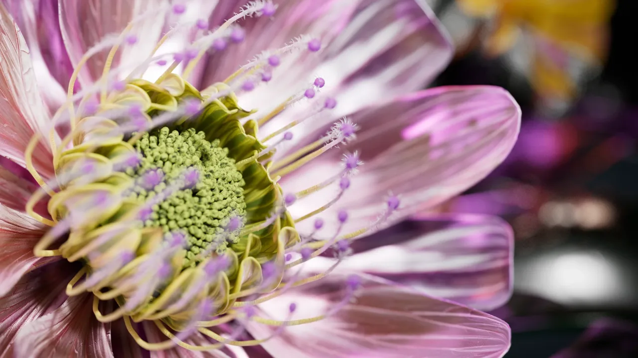 Pink and yellow flower artwork, photorealistic 3D render