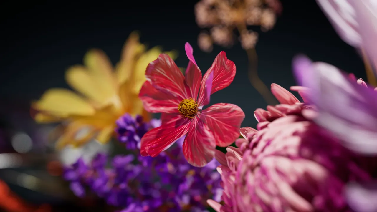 Pink and yellow flower artwork, photorealistic 3D render