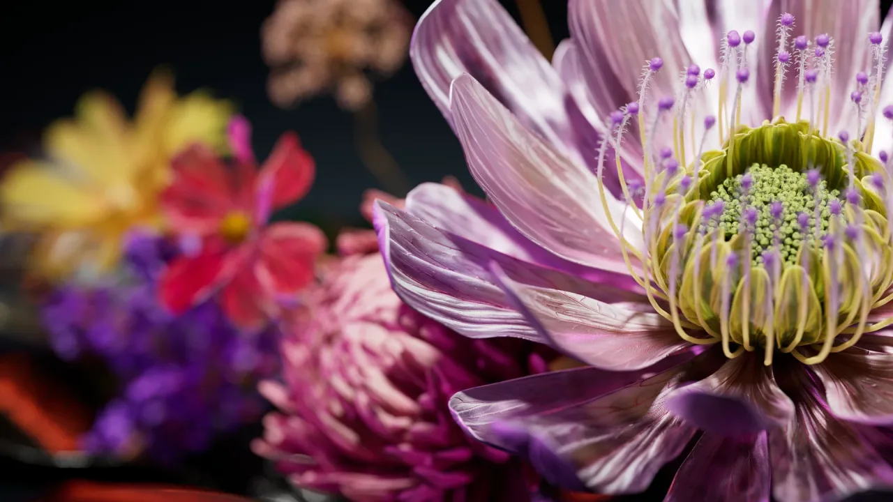 Pink and yellow flower artwork, photorealistic 3D render