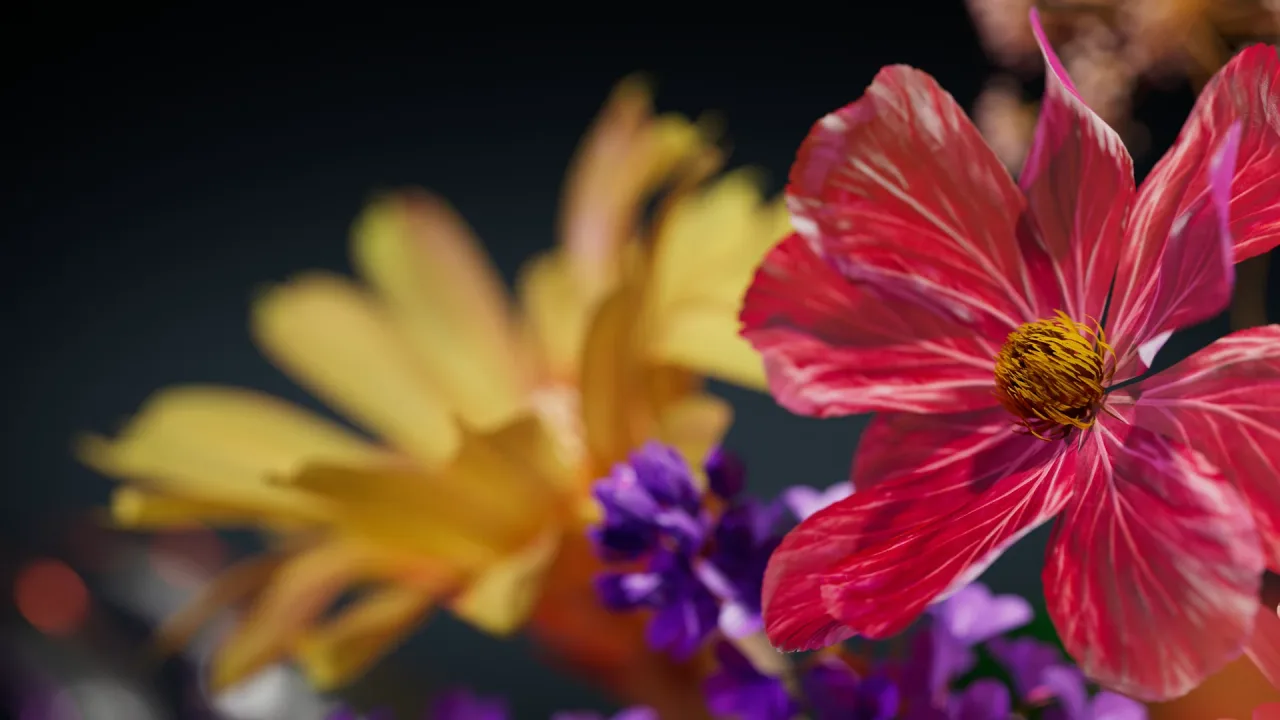 Pink and yellow flower artwork, photorealistic 3D render