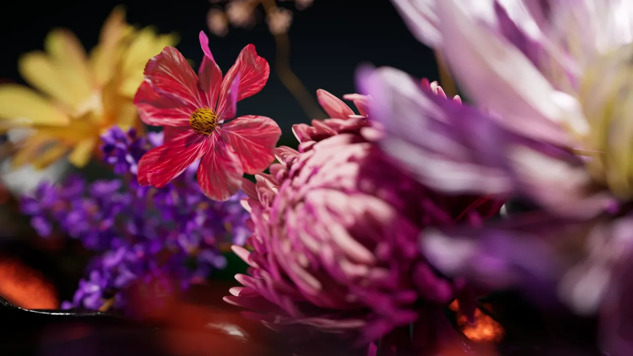 Pink and yellow flower artwork, photorealistic 3D render