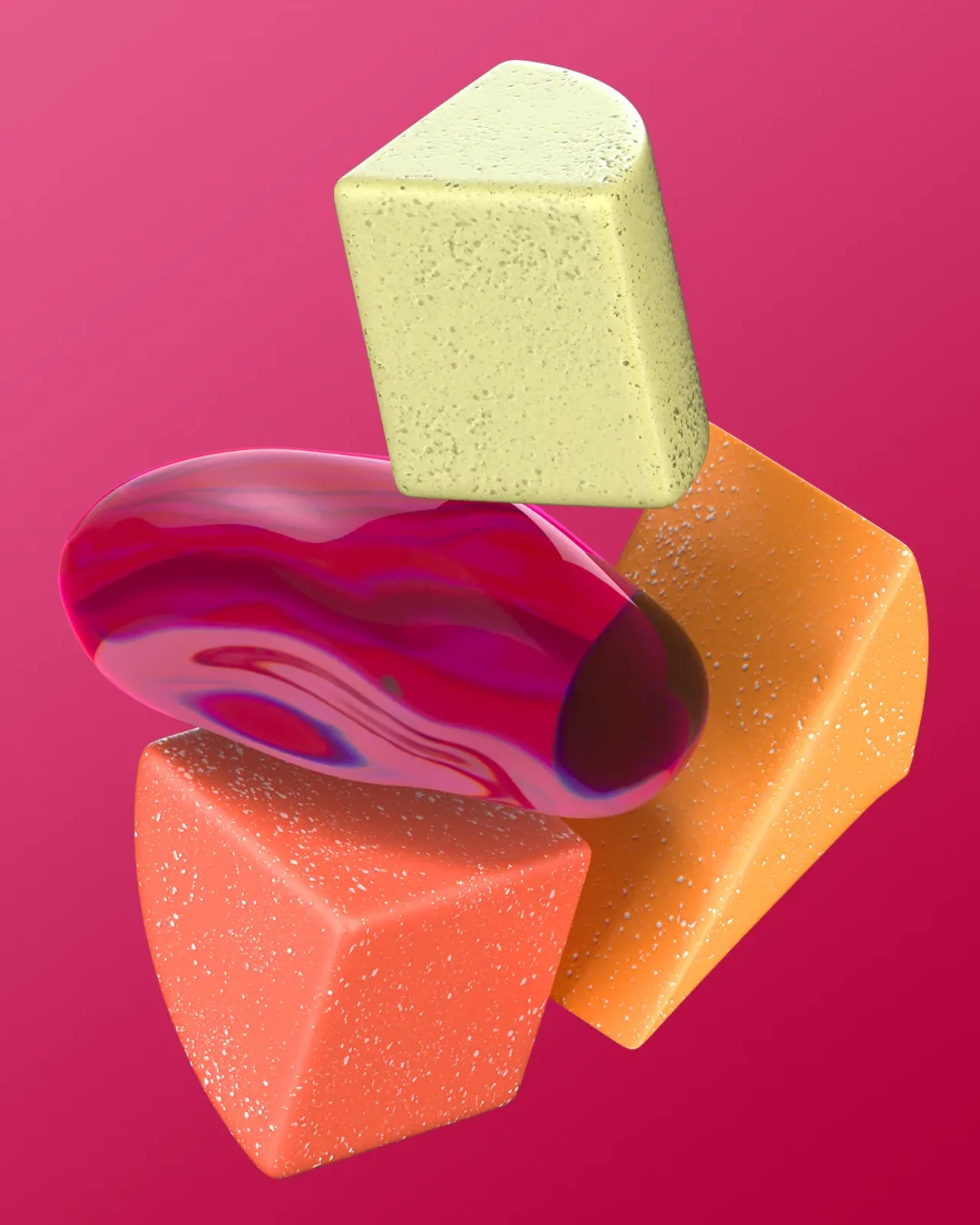 Abstract glass and stone shapes on a bold colour background, Klaytn social visual 3D render