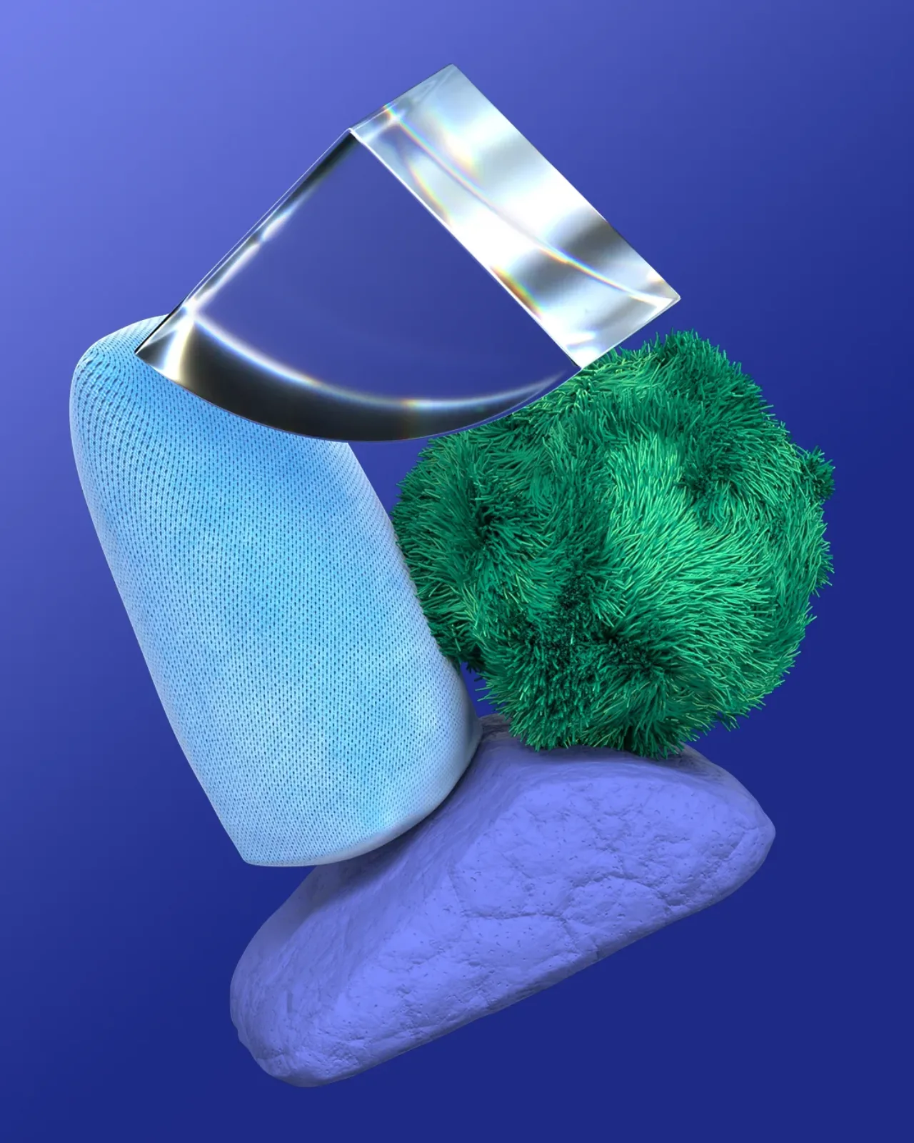 Abstract glass and stone shapes on a bold colour background, Klaytn social visual 3D render