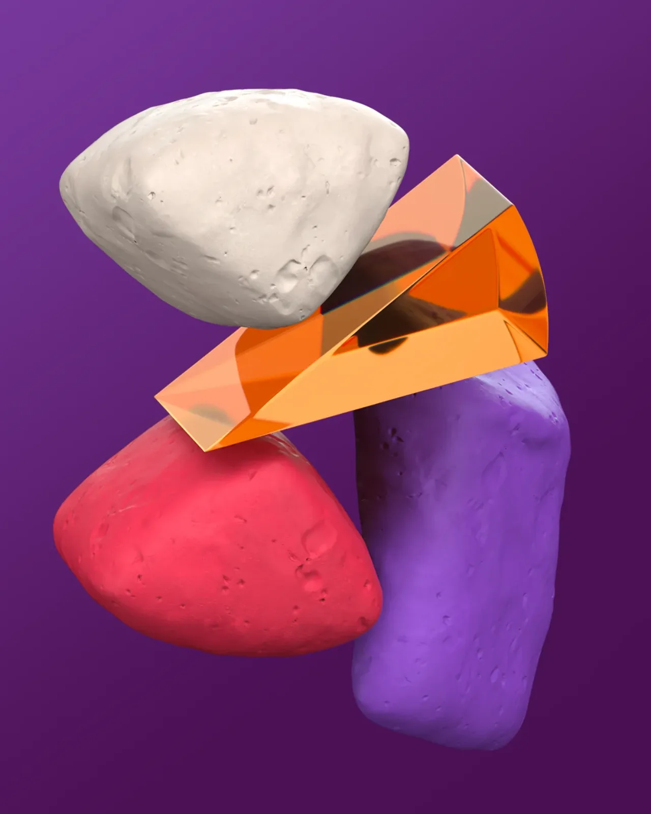 Abstract glass and stone shapes on a bold colour background, Klaytn social visual 3D render