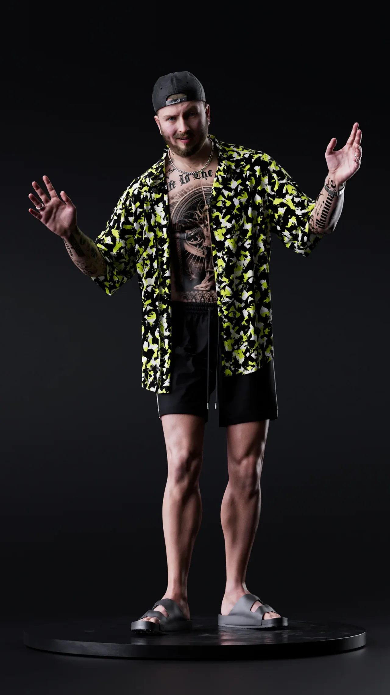 Full-body digital human in a patterned shirt, Pattaya lookbook turntable