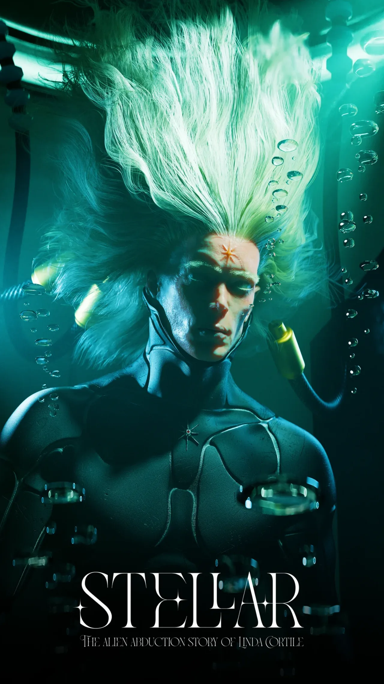 Stellar poster, digital human with floating green hair underwater, 3D artwork
