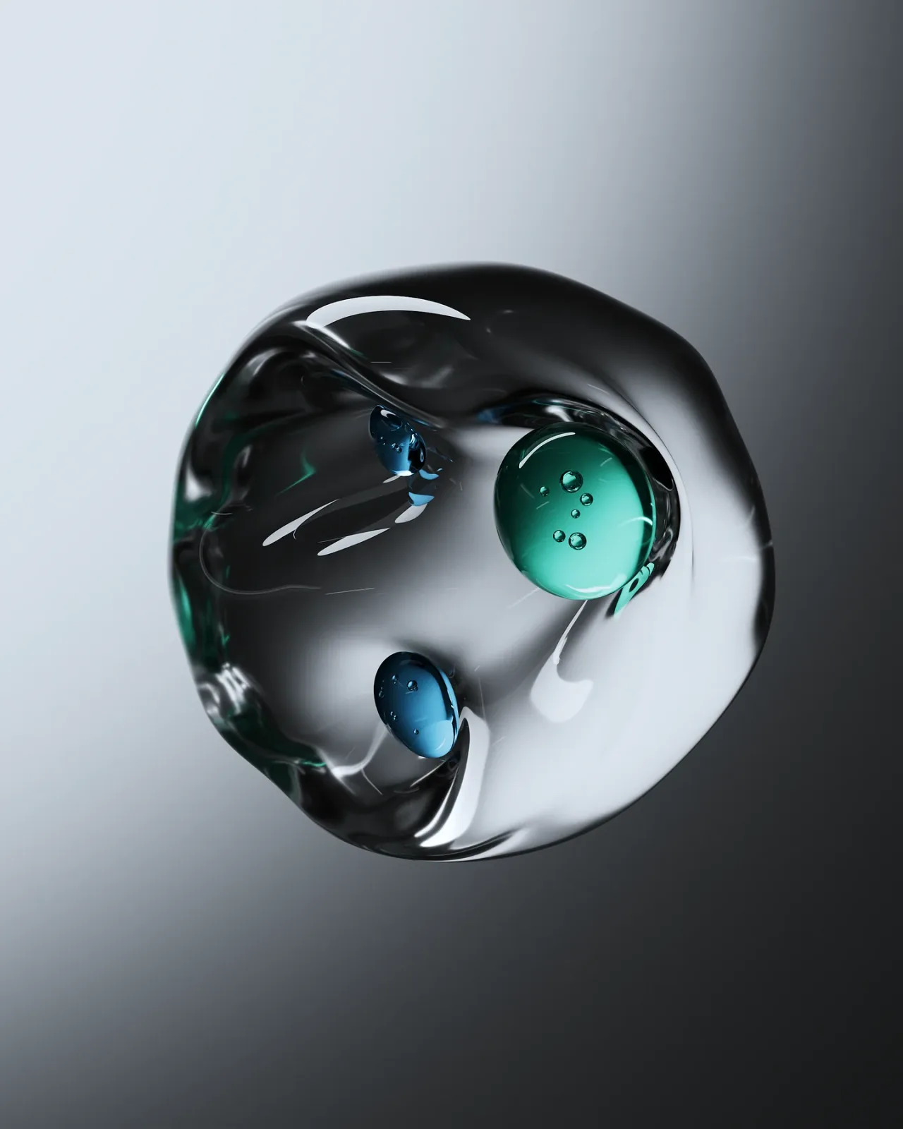 Clear water droplet with coloured spheres inside, 3D fluid simulation